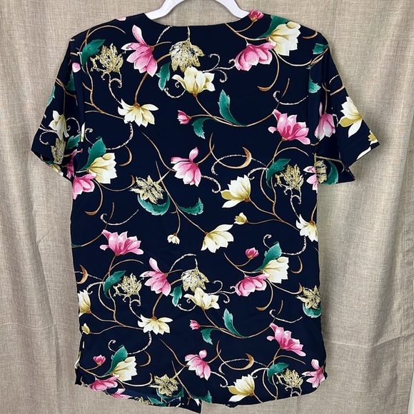 Wild Thyme Vintage Floral Button Down Short Sleeve Navy Blue Polyester Blouse - Picture 2 of 8